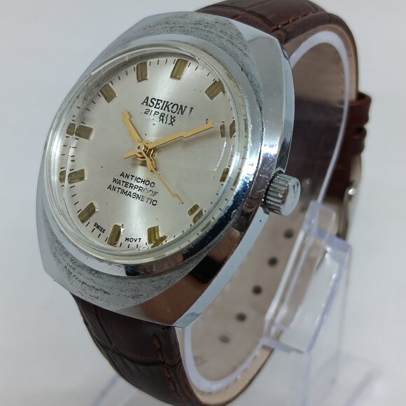 VINTAGE 1980s Aseikon Men's 36 x 42mm Silver Tone Manual Wind Watch - Picture 1 of 11